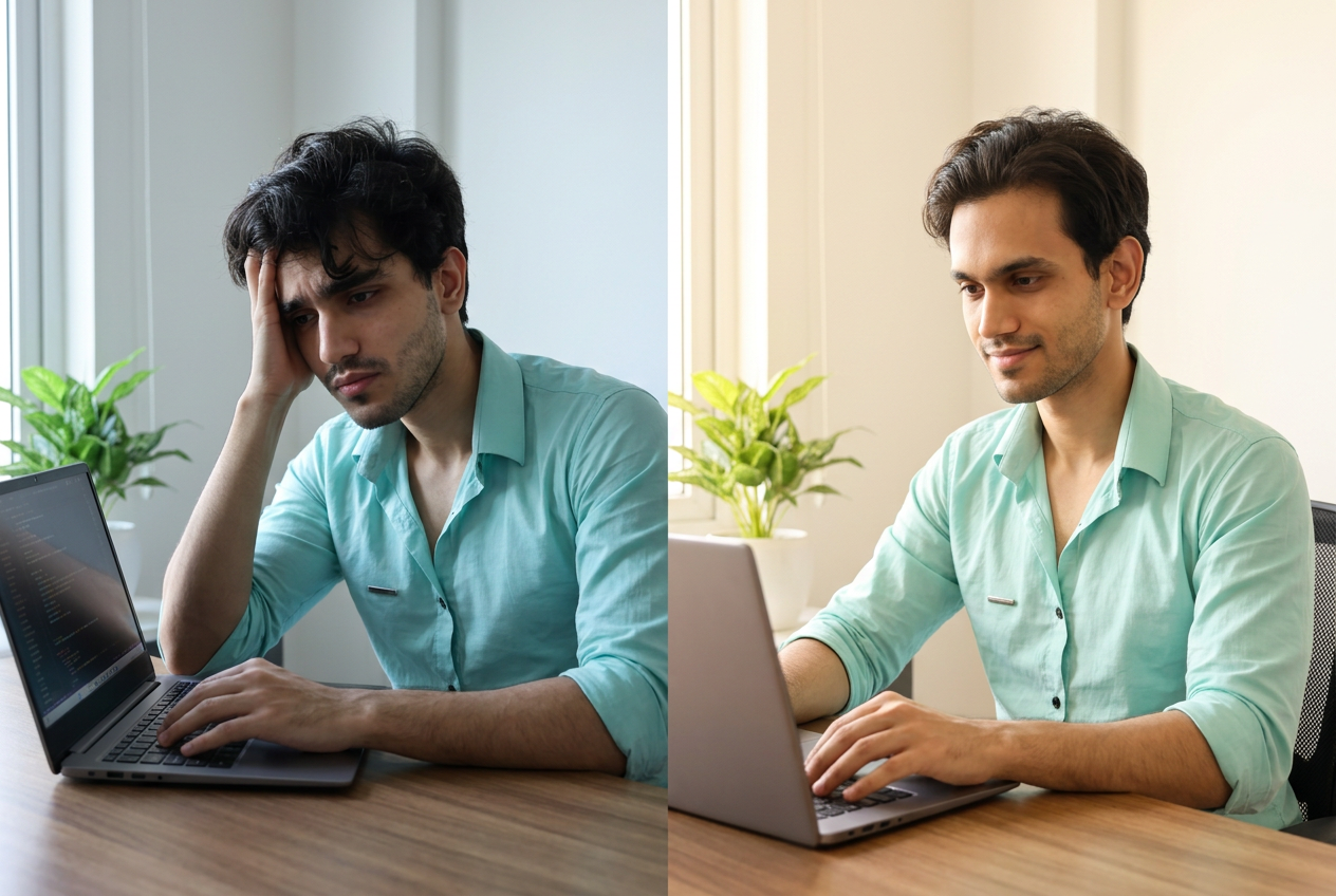 Illustrated personal journey of Dr. Mayur from feeling overwhelmed to working calmly