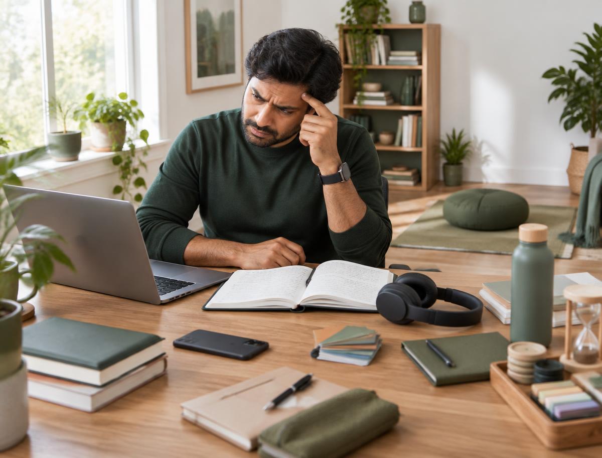Professional surrounded by journals, headphones and other attempted solutions